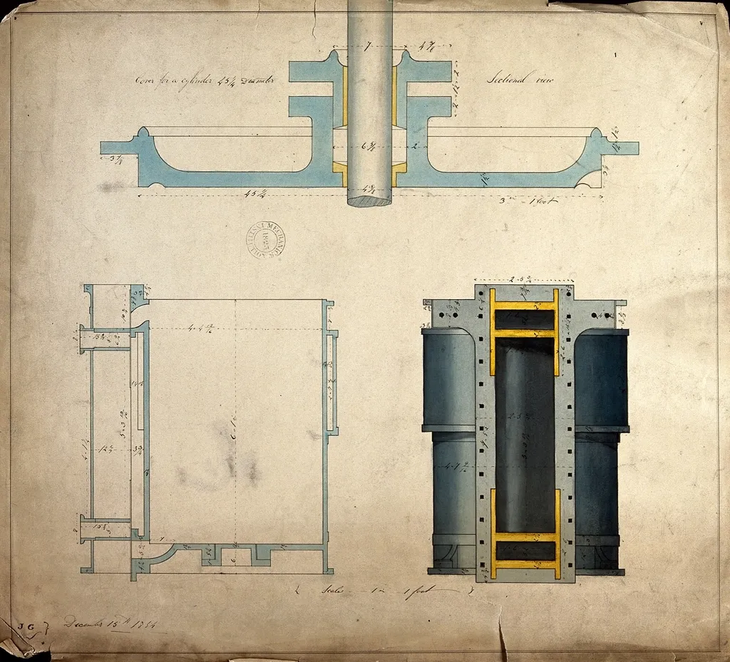 Desenho técnico de engenharia com cortes e vistas de uma peça
