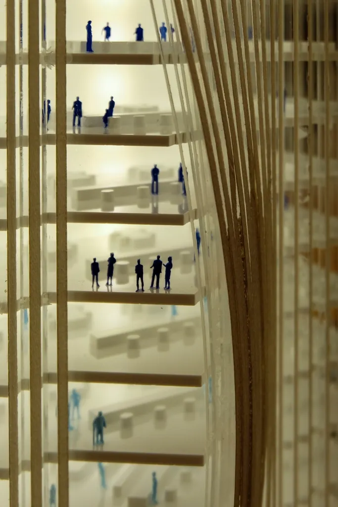 Maquete de arquitetura com pavimentos e figuras humanas em escala